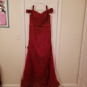 Red formal off the shoulder beaded dress